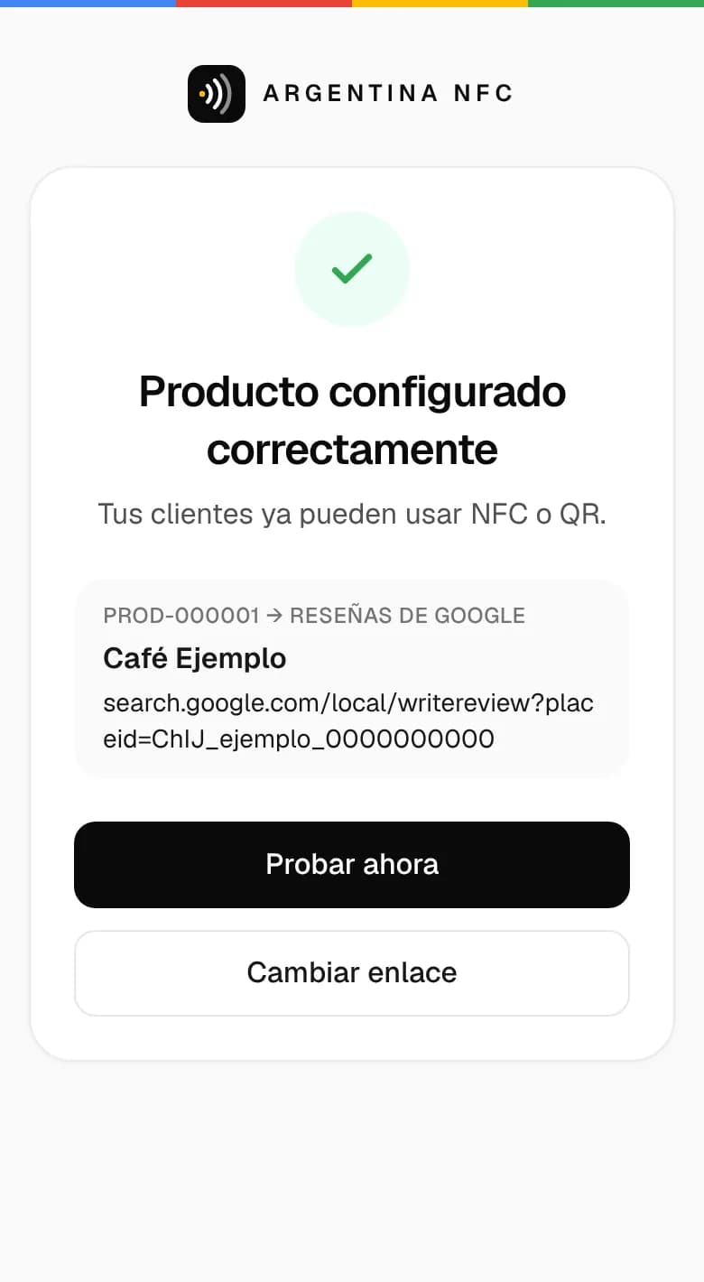 Pantalla real del sistema: Producto configurado correctamente