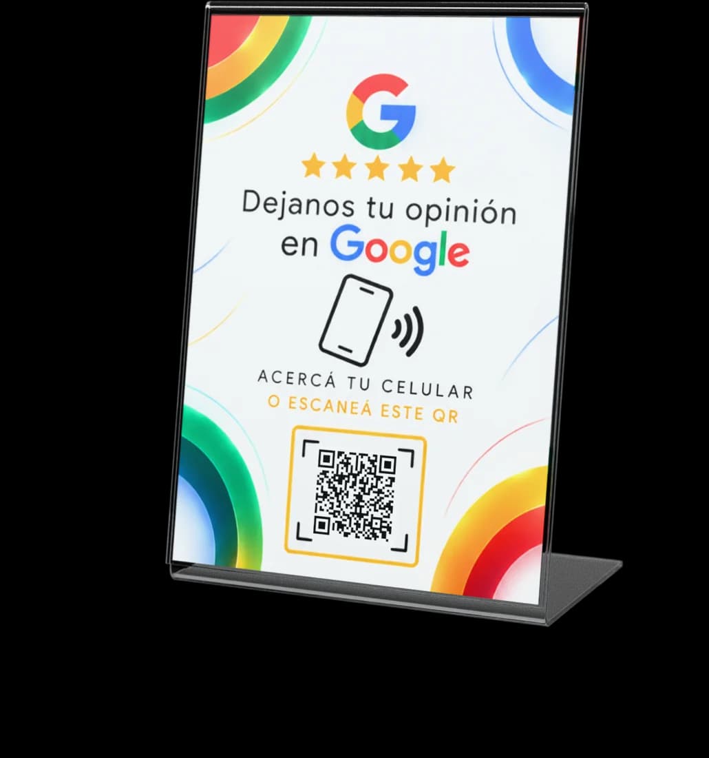 Display de acrílico NFC + QR blanco "Dejanos tu opinión en Google"