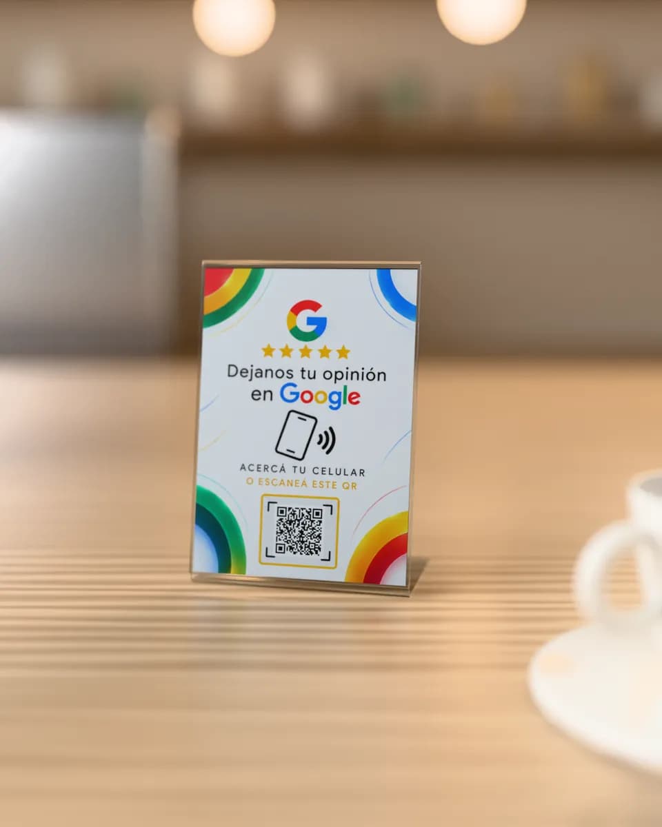 Display NFC + QR sobre el mostrador de una cafetería